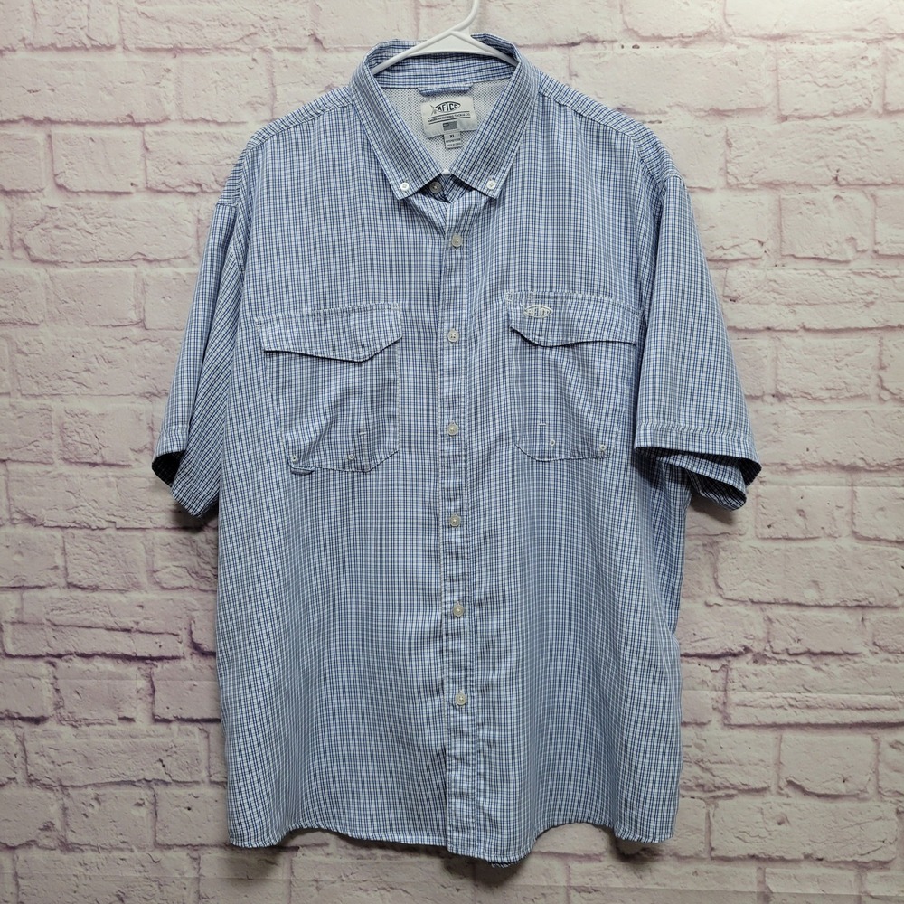 AFTCO Performance Fishing Shirt Men XL Blue Plaid Gorpcore Outdoor Utility Retro